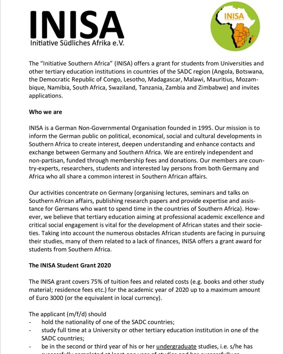 Wits_GRP's tweet image. Dear Students🙂

Please kindly see the funding opportunity below.

#funding #opportunityforstudents #studygrant 
 “Initiative Southern Africa” (INISA) – a German NGO – offers a grant for undergraduate students. 

The closing date for applications is Saturday, 19 September 2020.