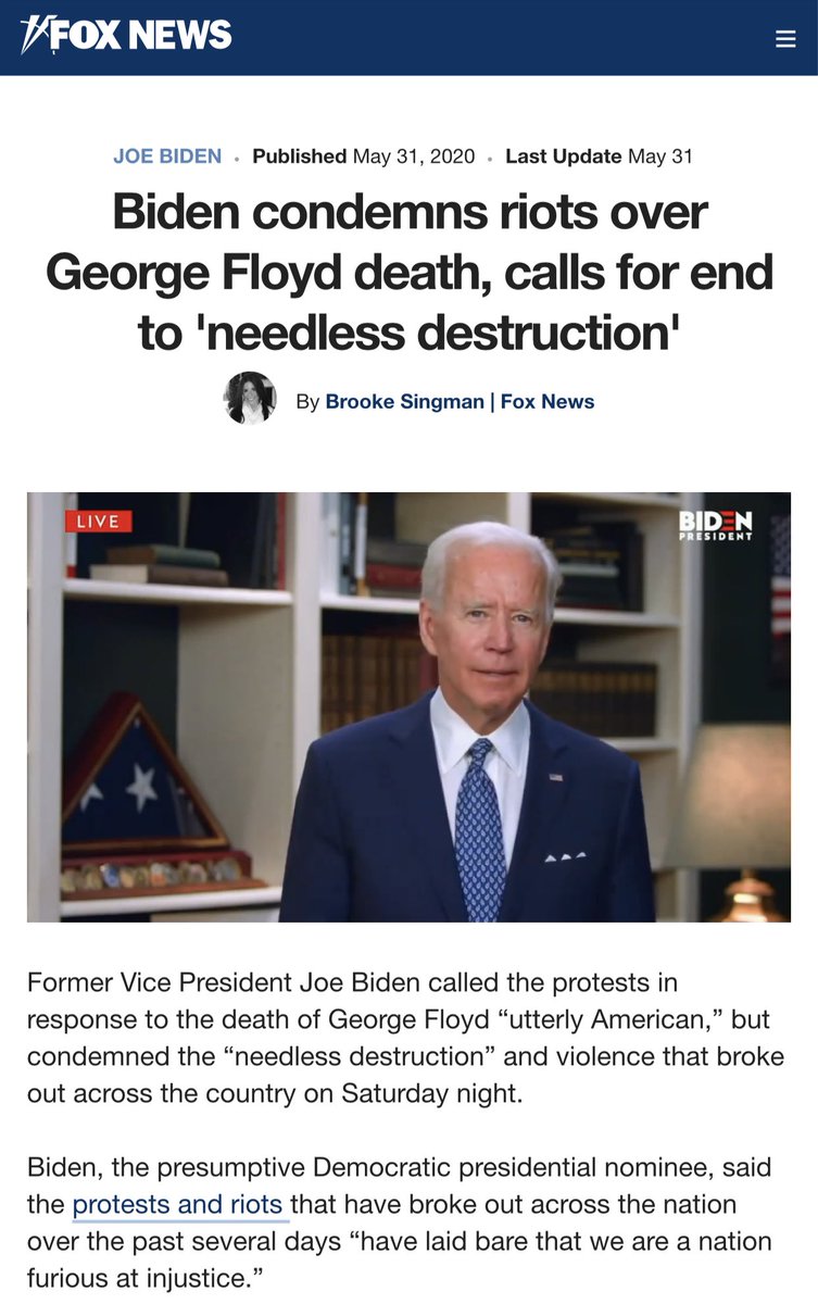 Also, the “Biden hasn’t condemned violence! Or he waited months to condemn violence” (the latter being the argument made once you point out his most recent statement) nonsense... it’s a lie. From MAY:  https://www.foxnews.com/politics/biden-condemns-riots-over-george-floyd-death-calls-for-end-to-needless-destruction
