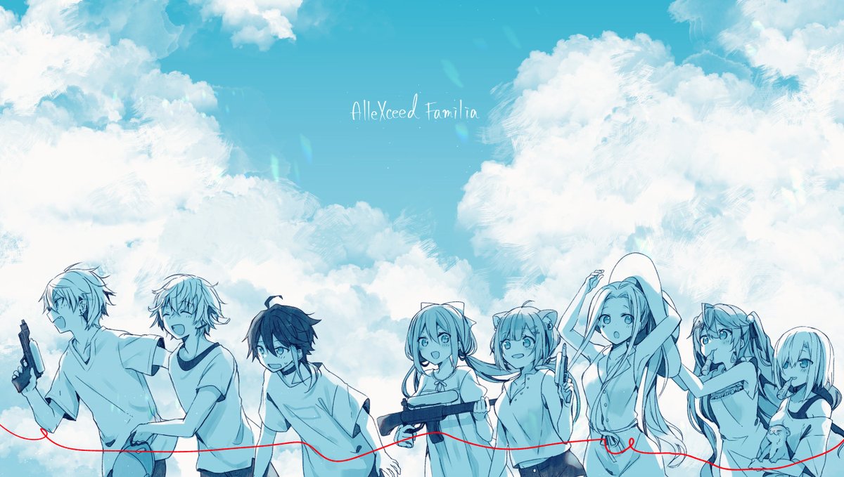 multiple girls multiple boys twintails cloud long hair sky smile  illustration images