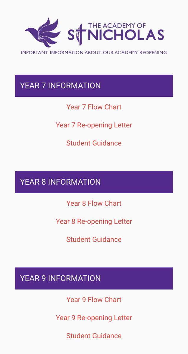 All relevant information to support the reopening of the Academy this week is available on the website for ALL YEAR GROUPS.  

Visit theacademyofstnicholas.org.uk 

#schoolsreopening 
#ReopeningSchools