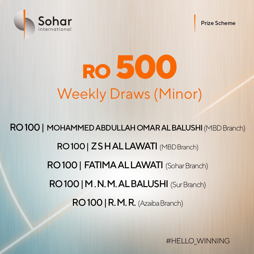sohar_intl's tweet photo. Congratulations to our lucky weekly winners of our Sohar | Prize Scheme 2020!
🥳

Start saving today and stand a chance to be our next winner. For more information, contact us on
24730000 or visit
 https://t.co/xJpVZBGWta
#Hello_Winning https://t.co/evDn8dw3Vk