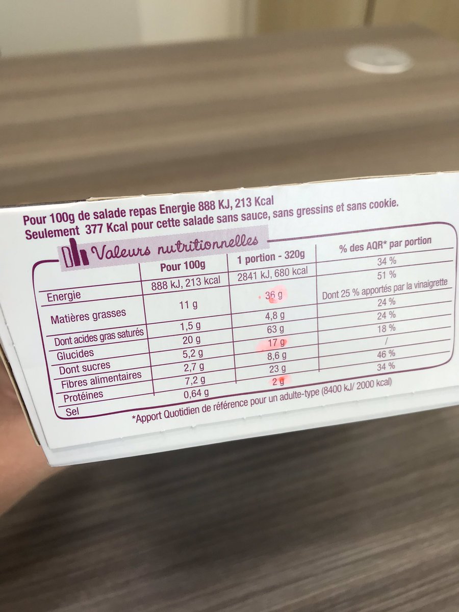 Et voici les valeurs nutritionnelles. 17g de sucre, uniquement dans la salade. Le cookie, les gressins ne sont pas compris. En comparaison, 17g de sucre = 3 pierres et demi de sucre.