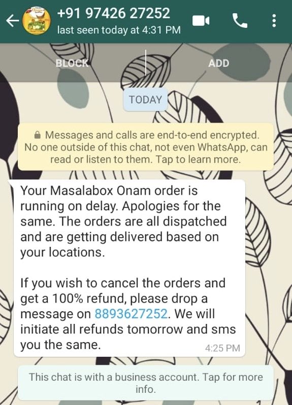 athiraz's tweet photo. What a Joke!! Ordered sadhya from Masala box Bangalore.. and haven’t received it yet.. Is this what you call the grandest spectacle??? Please respond to calls, so we know if there is any hope of eating sadhya !! 

The image attached is a message at 430 PM on Thiruvonam day! https://t.co/KTmt4augDK