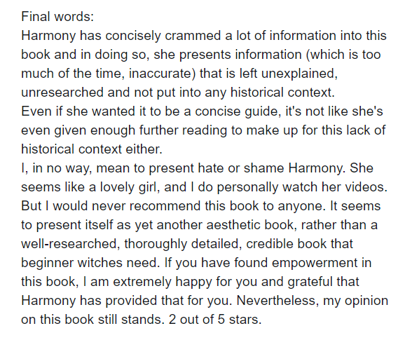 my final thoughts and conclusions about this book are in the attached image!thank you for reading this review, feel free to share or RT this thread. In my pinned message I've made a "Beginner Witch Resource Document" which you're welcome to read and share!