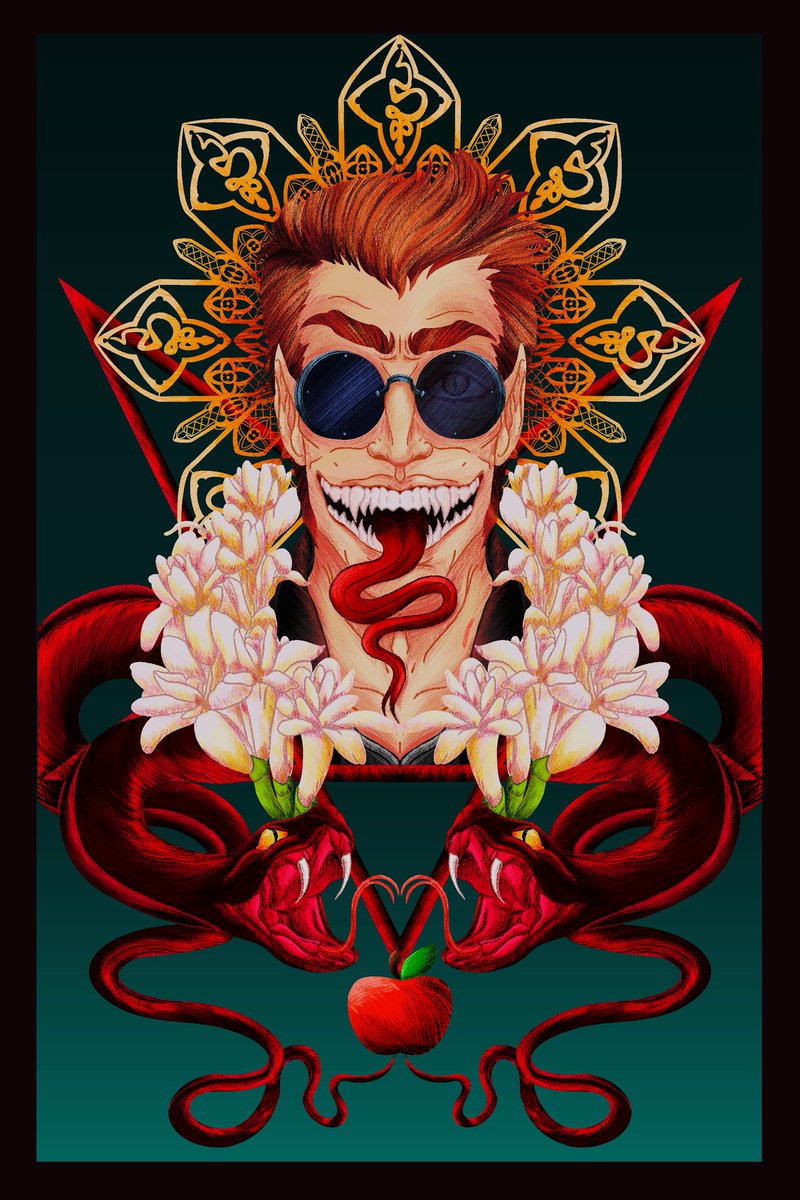 horrorimus's tweet photo. Alright so! I'm very excited to share my full piece for @oh_yuck zine! I had a lot of fun with it. It's a inapired combk of an old idea I had and @gingerhaole's amazing halo works to give the demon a bit of an extra flair for something behind him.

#GoodOmens #GoodOmensFanArt https://t.co/6mEzrfDxI7