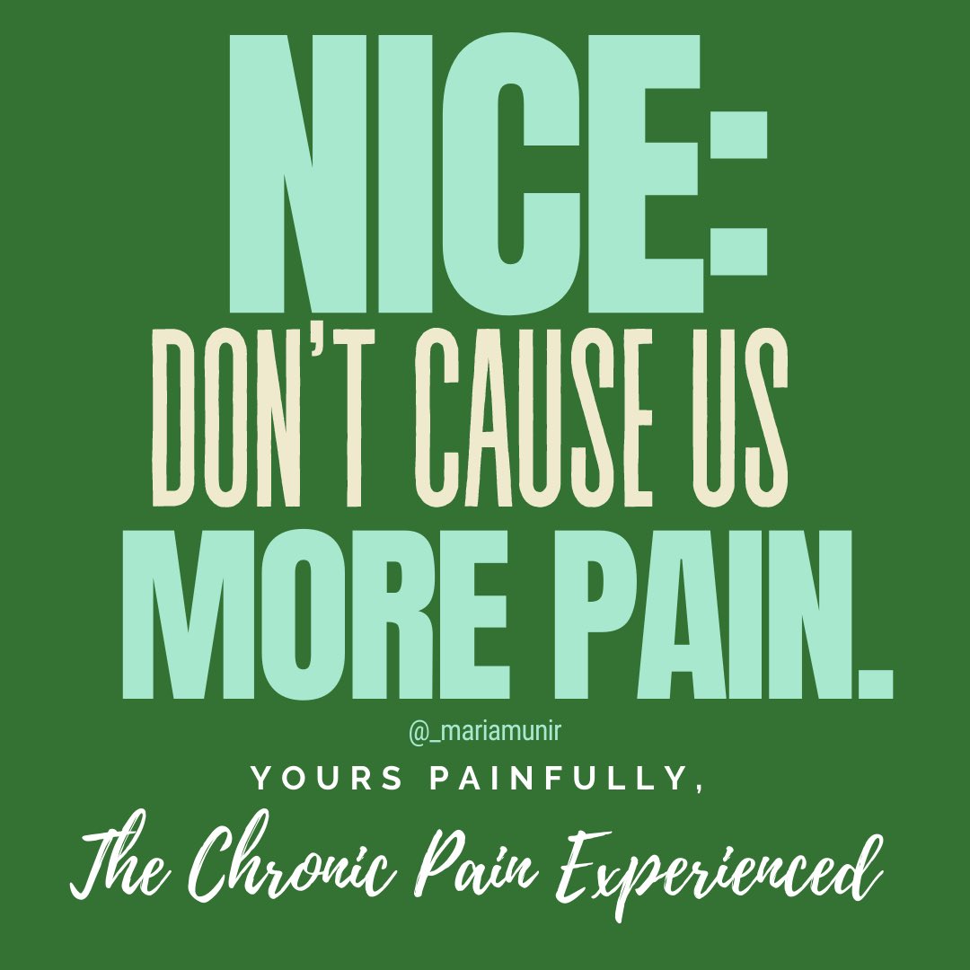 So we say this:  @NICEComms, don’t cause us more pain. Yours painfully, the chronic pain experienced. Sign the petition, write to MPs, NICE, and newspapers. Our  #ChronicPain isn’t hidden shame.  #spoonie  #fibro  #PCOS  #EDS  #CancerAwareness  #ChronicIllness  http://tiny.cc/righttolife 