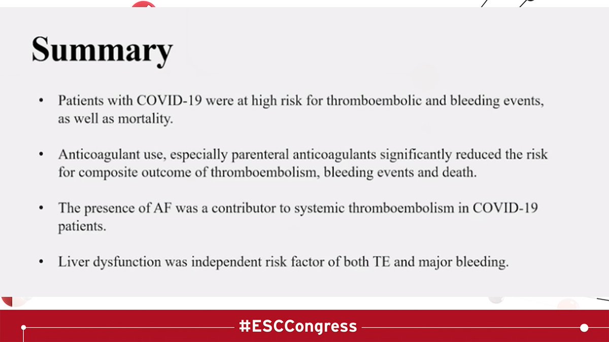  #ESCCongress Covid & Heart Thread /4Risk factors for thromboembolism, bleeding & death?Cardiovascular comorbidities, liver problems, cancer, OSA &  #Covid severity - high respiratory rate, high heart rate, leucocytosis @ShrillaB  @CJohnston1903  @JeffreyChansky  @AlexFrogoudaki