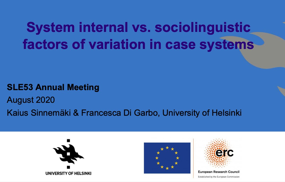 Last week at the #SLE2020 Kaius Sinnemäki &amp; Francesca Di Garbo: Word order and sociolinguistic factors both affect the probability that a language does or does not have case, but not the number of case distinctions. The recording can be viewed here:  osf.io/7ahp9/