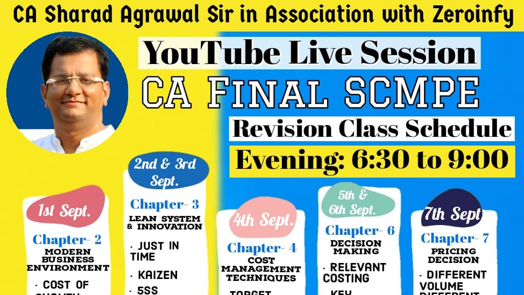 YouTube Live Session on #Revision for #CAFinalSCMPE by #CASharadAgrawal from 1st-7th Sept. in the Evening from 6:30-9:00.

The videos will be deleted after the live session, so Don't Miss It!!

1st-3rd Sept.- bit.ly/SharadSirYT

4th-7th Sept.- bit.ly/ZI_SubscribeNow