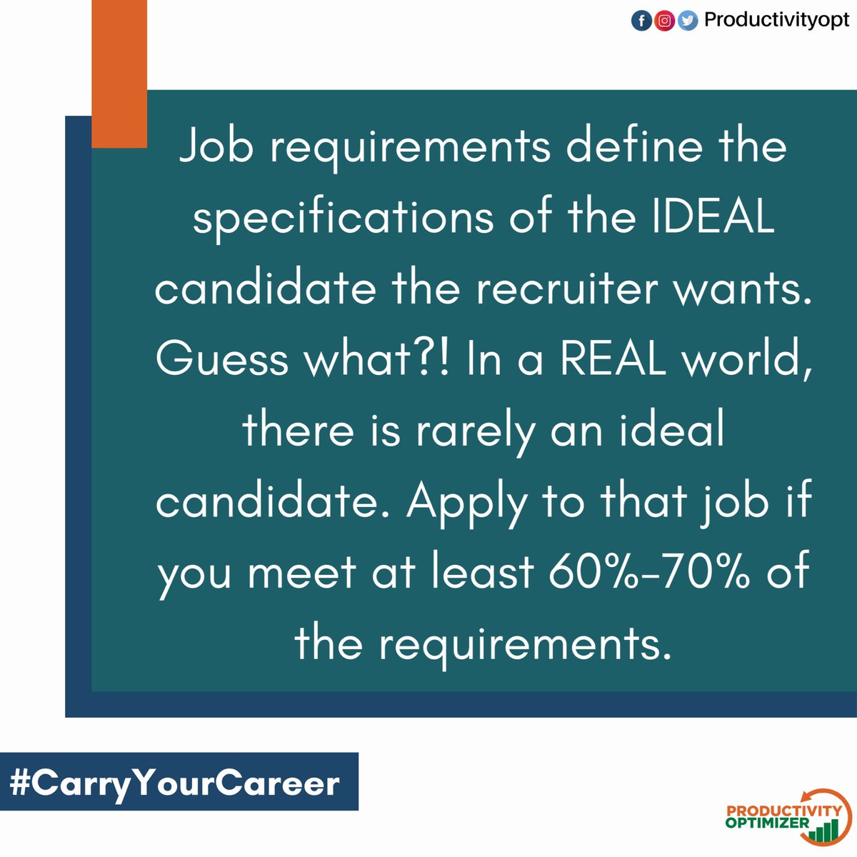 Before you tell yourself you’re not fit for the job, do a reassessment. You can’t be the recruiter’s unicorn 🦄 
#CarryYourCareer 
#CareerDevelopment
#JobHunting
#CareerNavigation