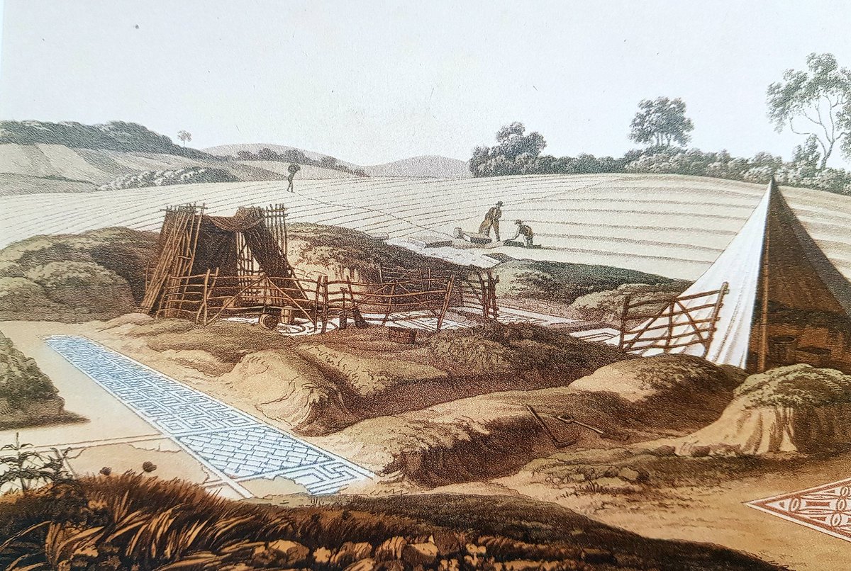 The Roman villa at Withington  #Gloucestershire was found in 1811This beautiful engraving by Samuel Lysons shows the 19th century setting, in ploughed fields, with the excavators camp and the first mosaics being exposed #MosaicMonday