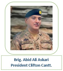 Cantonment Board Clifton was created through SRO No. 207(1)/ (83) dated 27-2-1983 to provide municipal cover to 8 DHA phases together with 13 Katchi Abadis and Blocks 8-9 of Clifton. 51.327 square kilometers (website)Brig Abid Ali Askari is its president  http://www.cbc.gov.pk/en/home 