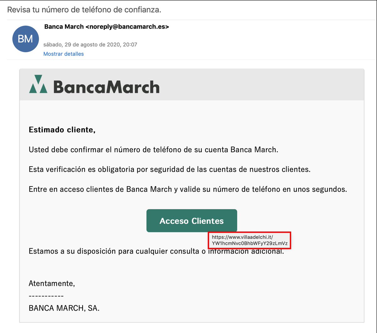 ⚠️Este mail suplanta la identidad de <a href="/bancamarch/">Banca March</a>. 
Antes de hacer clic en enlaces pon el ratón encima y verás que el link no tiene nada que ver con la empresa. Elimina el mail y bórralo de la papelera.

Si tienes dudas avisa <a href="/policia/">Policía Nacional</a> <a href="/guardiacivil/">Guardia Civil</a> 
#phishing #estafasporinternet