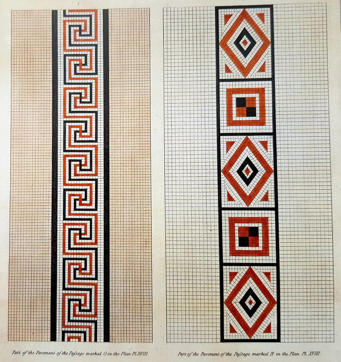 Sections of two 4th century corridor mosaics from the Roman villa at Withington Gloucs carefully recorded in 1812 by Samuel Lysons and Richard SmirkeBoth floors were reburied at the end of the excavation #MosaicMonday