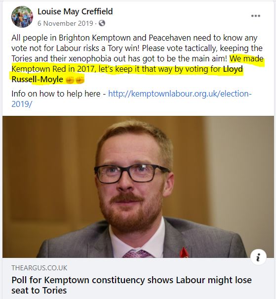 Here is Louise - who unsuprisingly these days comes from toxic Brighton - pushing for votes for the Labour Party and Corbynite Lloyd Russell Moyle.....
