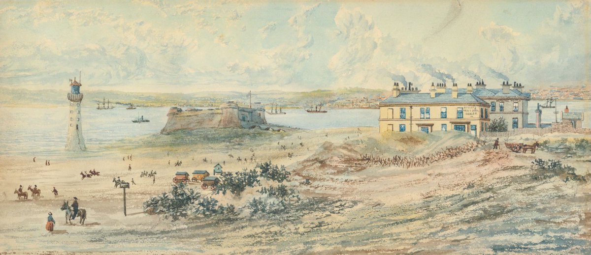 WilliamsonArt_'s tweet photo. Will you be heading to the beach this bank holiday Monday? I came across this lovely drawing in our collection of New Brighton showing the fort and lighthouse, and a somewhat different scene than we see today - British School (Local), artist unknown #storesaudit #newbrighton https://t.co/ZhSATeidHk