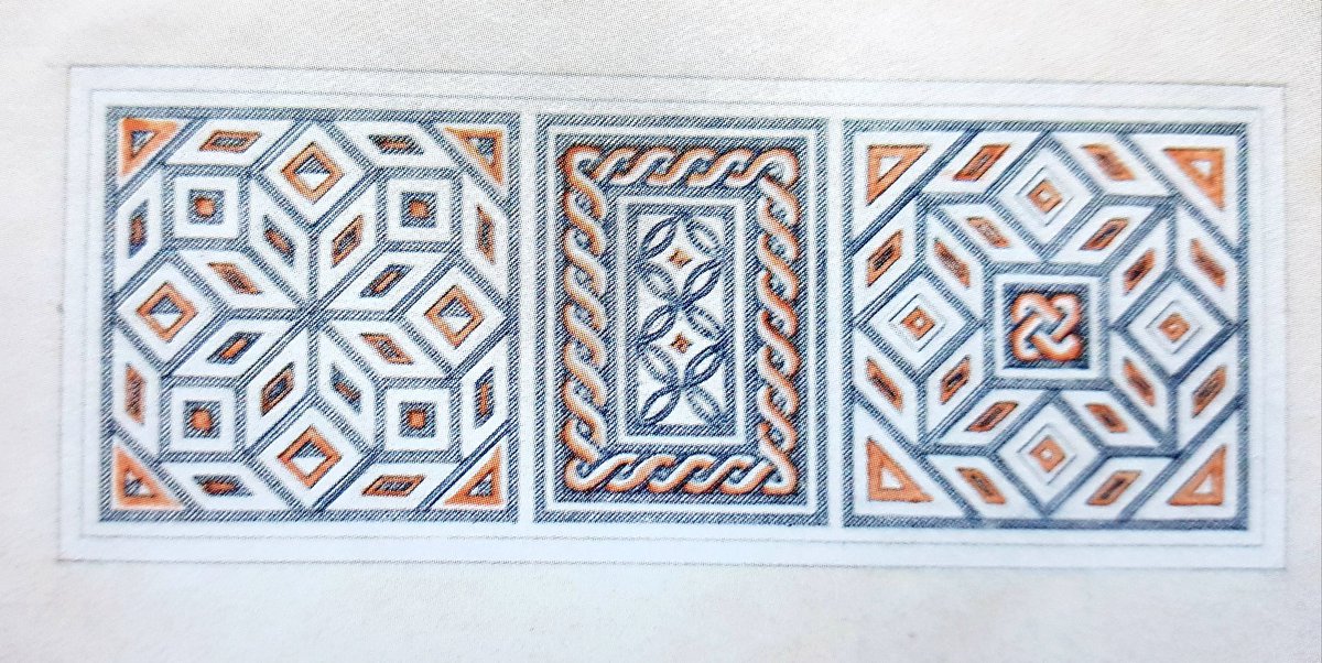 Engravings of 4th century Roman geometric polychrome mosaics uncovered between 1811-12 at Withington Gloucs, from drawings made in the field by Samuel Lysons and Richard Smirke, published in 1817 #MosaicMonday
