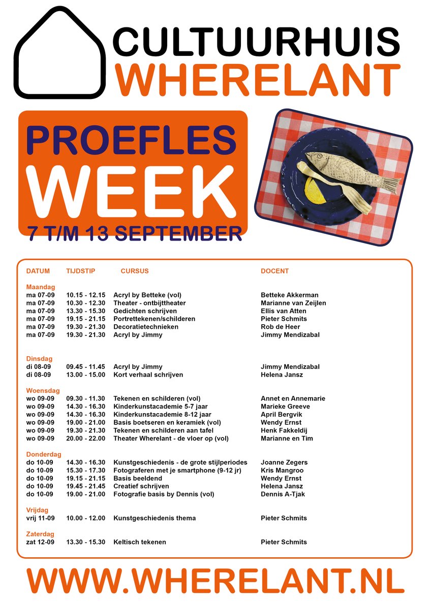 De proeflesweek stroom al aardig vol! Hieronder vind je een overzicht van het programma voor volwassen en kinderen. Je kunt je nog aanmelden voor een gratis proefles (tenzij deze is volgeboekt) via wherelant.nl 
#purmerend #gratisproefles #kunsteducatie #cursussen