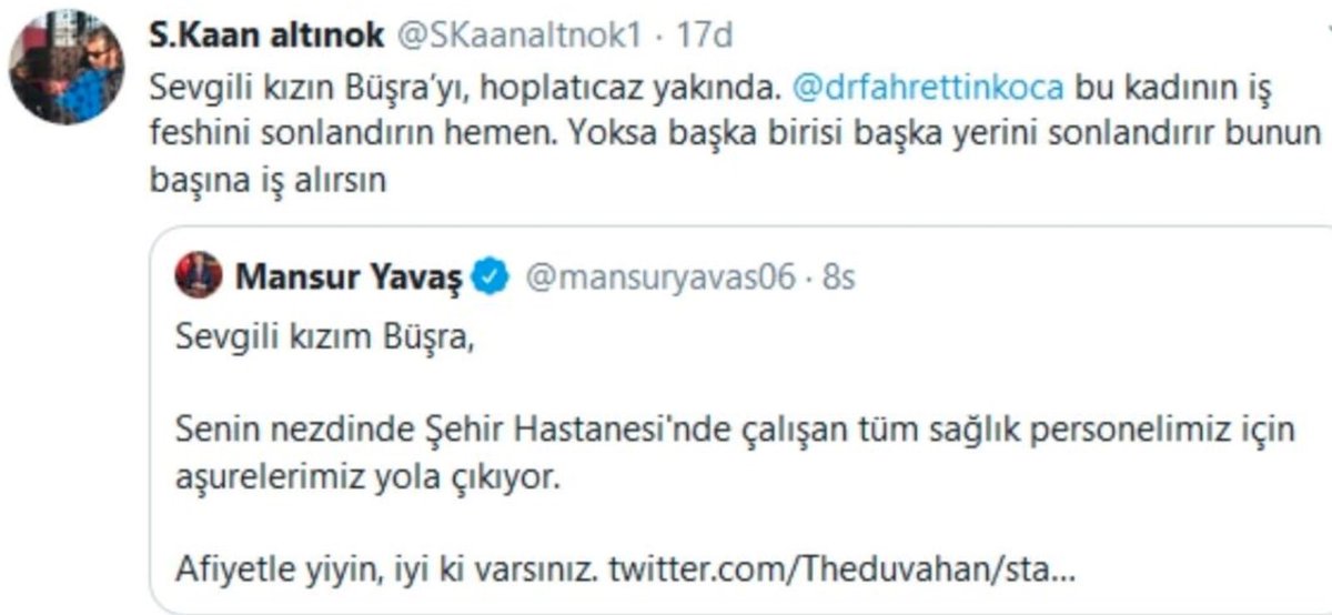 Mustafabrsn's tweet photo. Büşra hemşire, sırf Mansur Yavaş'tan bir tabak aşure istedi diye Kaan Altınok isimli bir sapık tarafından işinden edilmekle ve tecavüzle tehdit ediliyor..
Meslektaşımız hesabını kapatmış, biz sağlık çalışanları olarak onun yerine konuşuruz..

#KaanAltınokTutuklansın https://t.co/HzPBjZ44SC