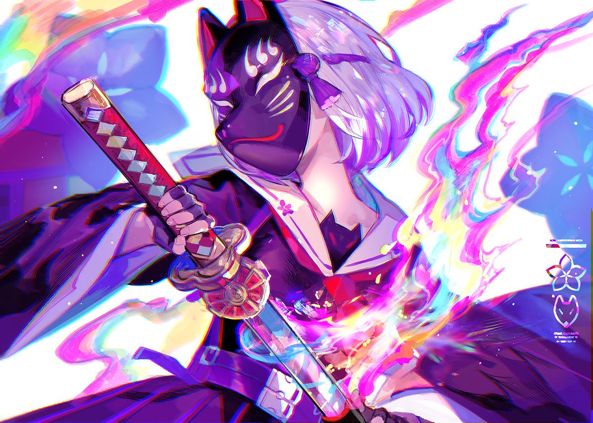 1girl weapon sword mask fox mask holding weapon holding sword  illustration images