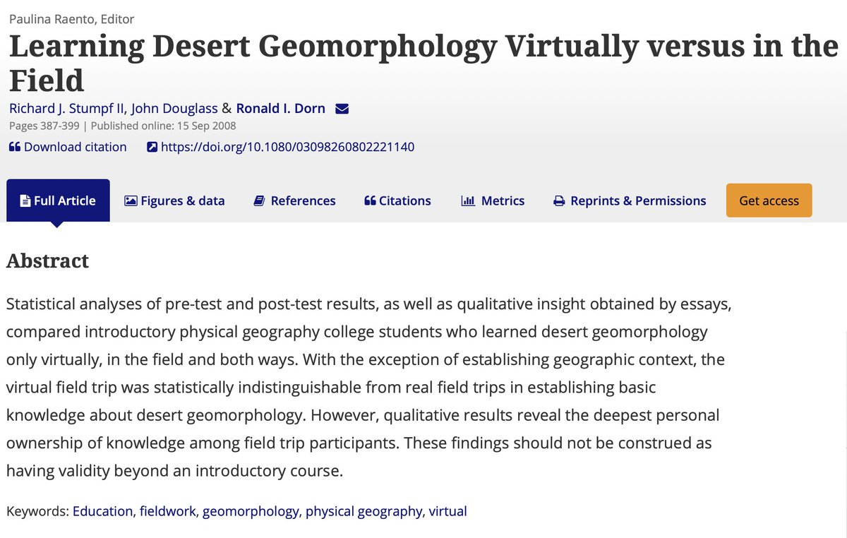Journal of Geography in Higher Education (JGHE) (@jghe_journal) on Twitter photo 🖥️What does the pedagogic research tell us about field trips vs virtual trips? Find out by looking at todays featured article:
"Learning desert geomorphology virtually versus in the field"
<a href="/tandfonline/">Taylor & Francis Research Insights</a> <a href="/RoutledgeGPU/">Routledge Geog&Built</a> 🖥️What does the pedagogic research tell us about field trips vs virtual trips? Find out by looking at todays featured article:
"Learning desert geomorphology virtually versus in the field"
<a href="/tandfonline/">Taylor & Francis Research Insights</a> <a href="/RoutledgeGPU/">Routledge Geog&Built</a>