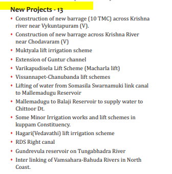 TDP/CBNటీడీపీ ప్రభుత్వం2014-2019సాగునీటి ప్రాజెక్టులుIrrigation ProjectsPriority=62ప్రాధాన్యత క్రమంలో=62పూర్తి =17completed=17ప్రారంభోత్సవం సిద్ధం=6Ready for inauguration=6అవుతున్నవి=26Ongoing=26కొత్త ప్రాజెక్టులు=13New= 13Page#23 https://gad.ap.gov.in/notifications/ap_magazine/ap-eng-may-2019-1.pdf