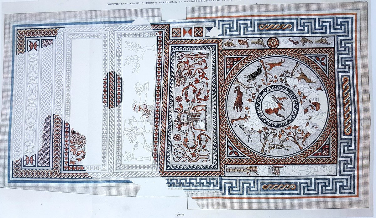 The centrepiece of Withington Roman villa was this 5 panel floor with Orpheus charming animals and Neptune (or Oceanus)Much had been destroyed when recorded by Lysons and Smirke in 1812. Their engraving is the most complete record of the floor that we have #MosaicMonday