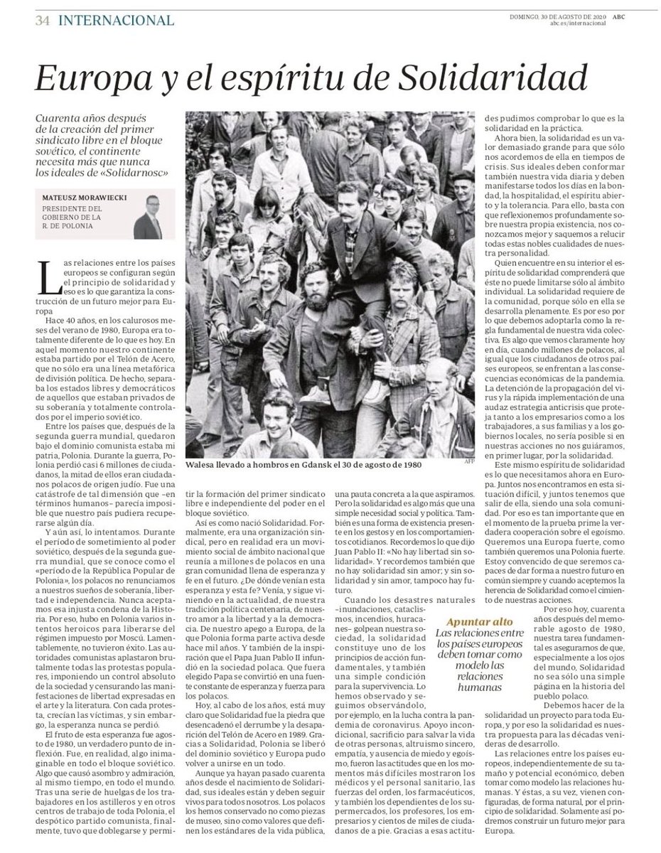 El continente necesita más que nunca los ideales de #Solidarność dice <a href="/MorawieckiM/">Mateusz Morawiecki</a>, el presidente del gobierno de 🇵🇱 en <a href="/abc_es/">ABC.es</a> 

Europa y el espiritu de Solidaridad