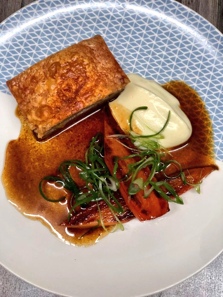 One of my favorite cuts of meat, done the only way that it needs to be. Salt baked Pork Belly, Cauliflower Puree, Honey Roasted Carrots and Soy boosted Pork Jus.