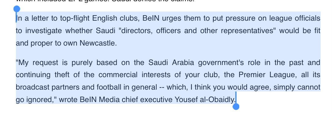 NUFC_Europe's tweet photo. “No outside influence”. Extract from Qatar Daily, April 2020. #nufc https://t.co/sEfS4muNTf
