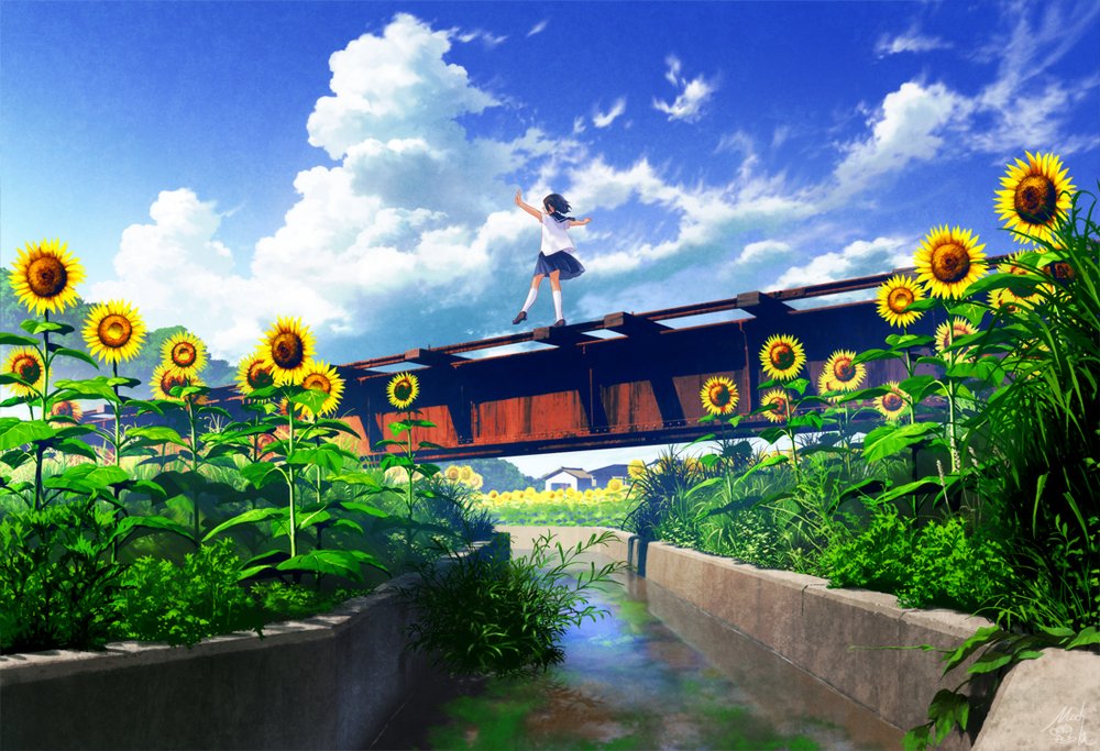 1girl sunflower flower outdoors solo sky cloud  illustration images