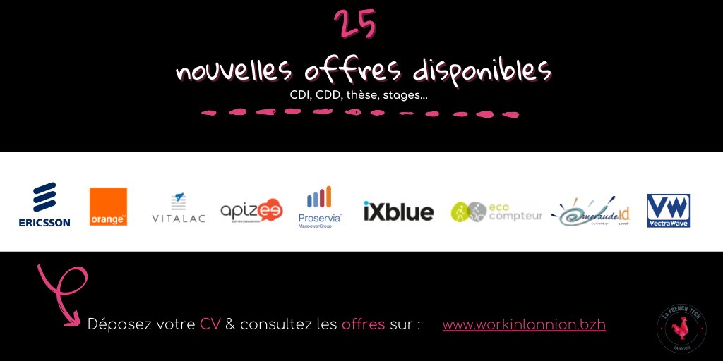 Anticipa's tweet image. [#WorkInLannion] 25 nouvelles offres disponibles sur notre #jobboard pour travailler à Lannion et alentours.
Rejoignez les équipes de @EricssonFrance, @OrangeBretagne #Vitalac @apizee @PROSERVIA  @Ecocompteur  @VectraWave @ixblue 
Plus de détails sur : bit.ly/3aKRcX5