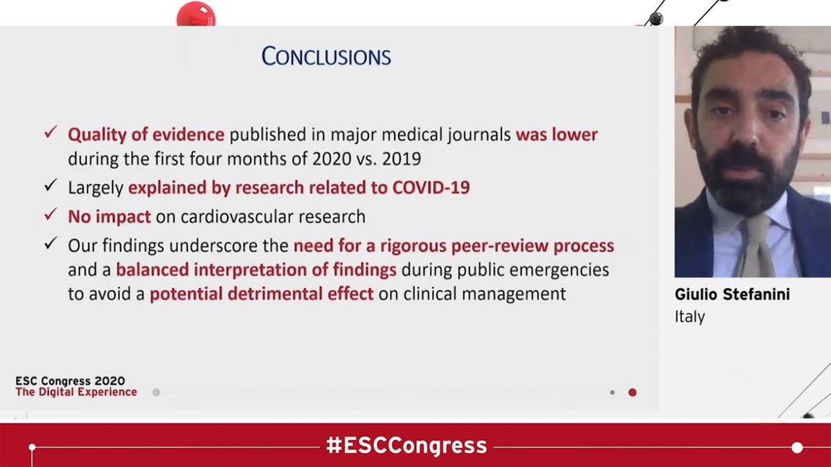  #ESCCongress Covid & Heart Thread /6Has academic publishing in covid changed? According to Giuilio Stefanini YES- quality was lower & need to maintain a rigorous  #peer  #review process @ShraboniGhosal  @wordfinga  @DrLaviniaGabara @SaludHEALTHinfo  @RealCruzHenry  @corinne8154