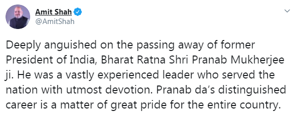 CNNnews18's tweet photo. #Alert- Amit Shah condoles Former President Pranab Mukherjee's death. 

#RIPPranabMukherjee 

Live updates: https://t.co/x9ajYaD3EE https://t.co/qeOd0mi39l