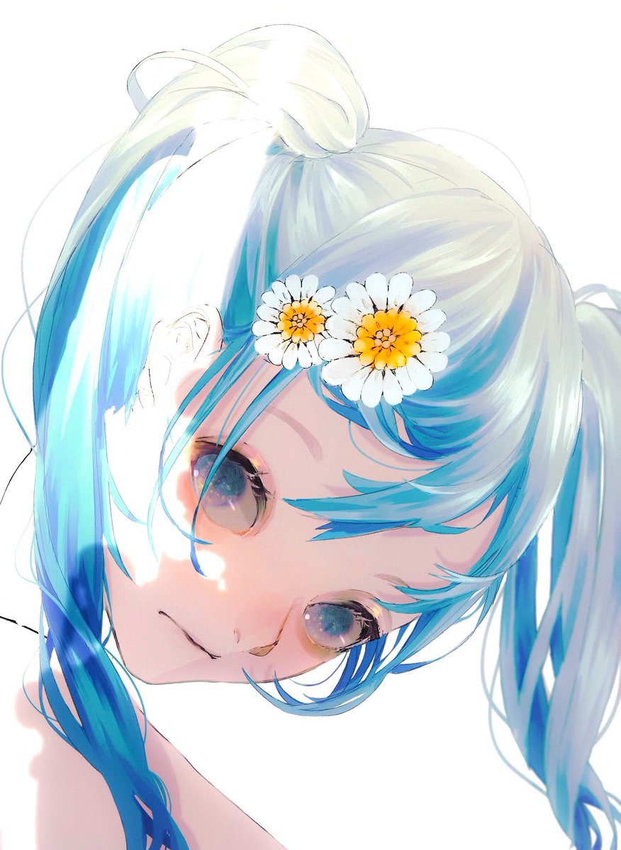hatsune miku 1girl solo flower twintails hair flower hair ornament white background  illustration images