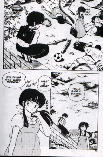 The main thrust of the story is Ranma and Akane's relationship which again this is a screwball comedy. Because of Ranma's curse causing a misunderstanding early in the story it's cause a friction which is smooved over time in the manga...because let's talk about the anime.
