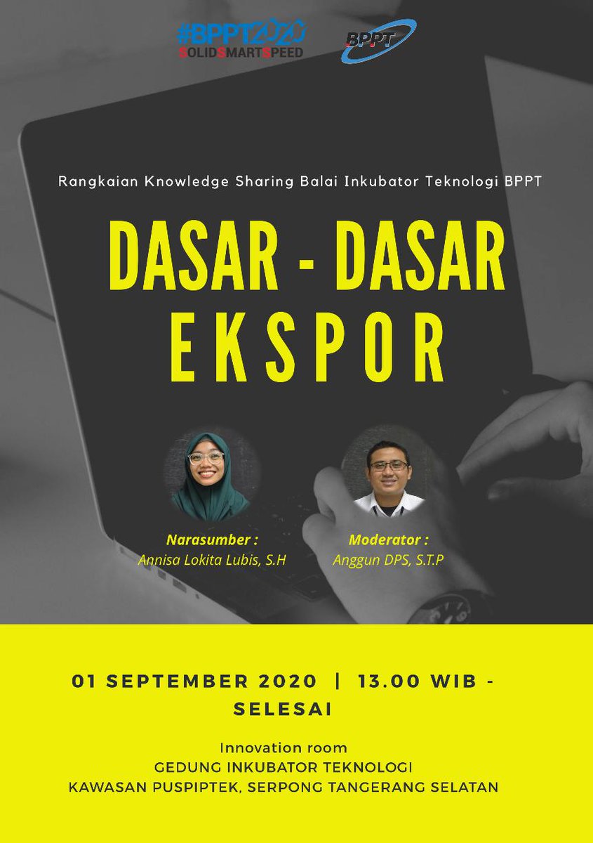 bit_bppt's tweet image. Knowledge Sharing BIT

Dalam rangka meningkatkan wawasan diantara pegawai BIT, diadakan secara rutin kegiatan &quot;Knowledge Sharing&quot;. Pada kali ini, kegiatan knowledge sharing akan mengambil tema &quot;Dasar Dasar Ekspor&quot; dan akan dilaksanakan pada Selasa, 1 September 2020.

#bitbppt