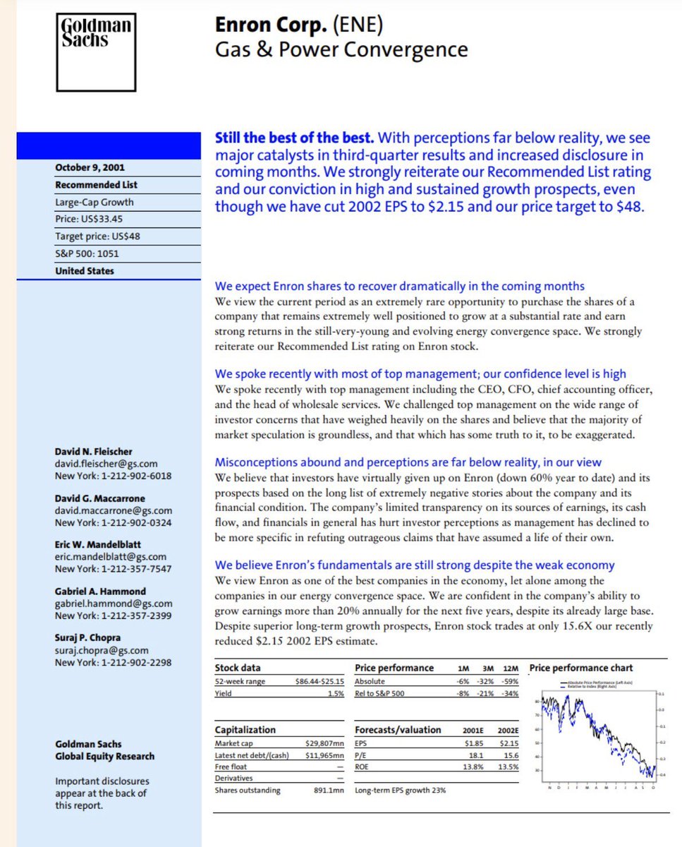 Is this Even Possible Today?On December 2, 2001, Enron filed for Chapter 11 bankruptcy protection in a New York court, kicking off one of the largest corporate scandals in U.S. history. Just two months prior, GS note below dated October 9, 2001.