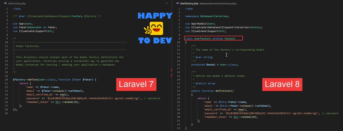 happytodev's tweet image. #Laravel8 les factories sont désormais des classes
#laravel