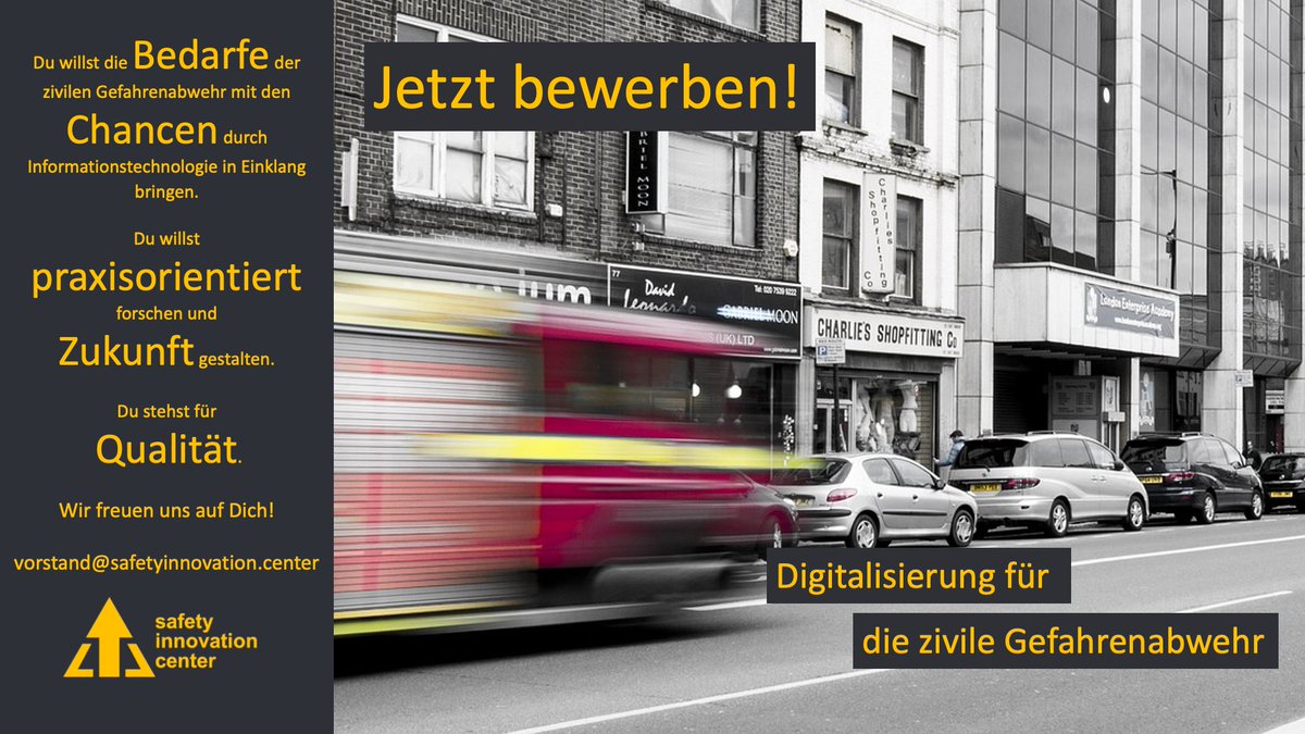 Jetzt bewerben! Verstärke unser Team und bringe die „Digitalisierung für die zivile Gefahrenabwehr“ voran. Wir freuen uns auf Dich! vorstand@safetyinnovation.center #job #bewerbung #stellenangebot #jobsuche #forschung #digitalisierung #gefahrenabwehr safetyinnovation.center/jobs/