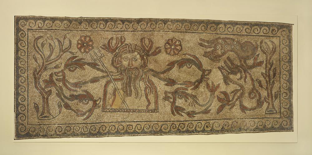 The curiously designed Neptune / Oceanus panel from the 4th century Roman mosaic at Withington villa Gloucs was lifted in 1812 and given to the  @britishmuseum where it can be seen todayImage © The Trustees of the British Museum #MosaicMonday