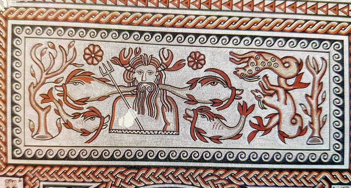 The central panel of the Orpheus mosaic at Withington recorded in 1812 had an off centre depiction of Neptune / Oceanus with lobster claws and DolphinsThe awkward and irregular design perhaps suggests it may be a later addition #MosaicMonday