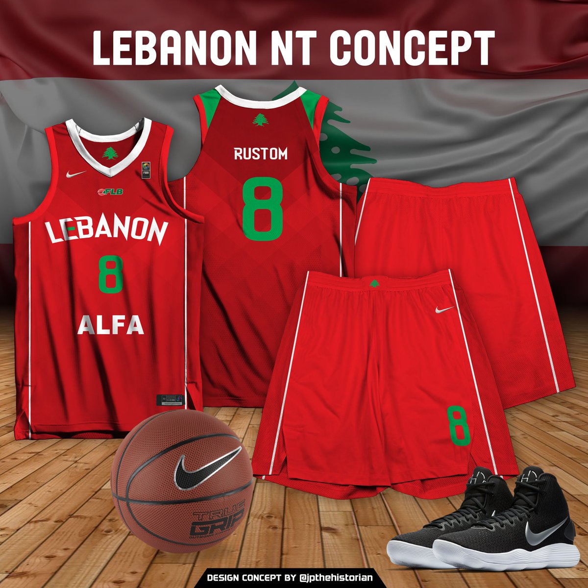 jpthehistorian's tweet photo. I'm using my new template for my jersey design concepts. Here's my take on @nike-style Lebanon 🇱🇧 jerseys. If you're a fan of the team, please like and share. #TheCedars https://t.co/nXkImcePuR