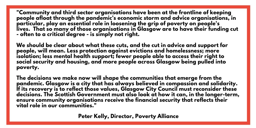 The Poverty Alliance (@povertyalliance) on Twitter photo Community and third sector orgs have been at the frontline in supporting people through the pandemic's economic storm.
That so many of those organisations in Glasgow are to have their funding cut - some to a critical degree - is simply not right. <a href="/GlasgowCC/">Glasgow City Council</a> must reconsider. Community and third sector orgs have been at the frontline in supporting people through the pandemic's economic storm.
That so many of those organisations in Glasgow are to have their funding cut - some to a critical degree - is simply not right. <a href="/GlasgowCC/">Glasgow City Council</a> must reconsider.