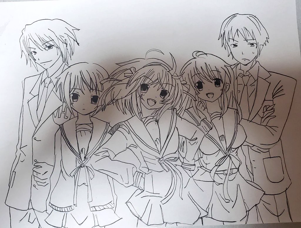 涼宮ハルヒが九年降りに新刊ということで昔描いたSOS団を……あの頃は元気だった。  
