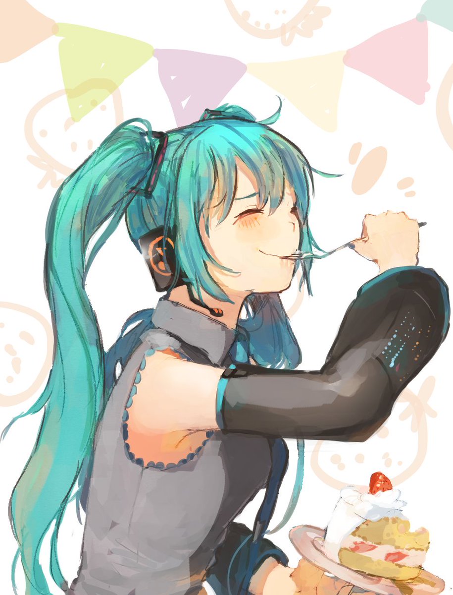 初音ミク誕生祭 美味しそうにケーキたべてるとこが見たい はなふぐのイラスト