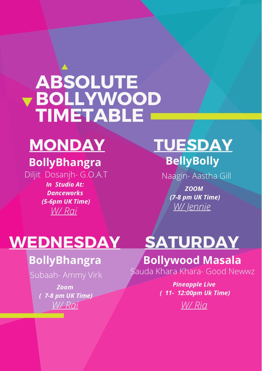 AbsoluteBolly's tweet image. This week !!!
#Bollybhangra both Monday and Thursday with @Raimu_Itfum in @danceworks1 and on zoom_us 
Then #BellyBolly with @AbsoluteJennie 
#BollywoodMasala with Ria on @pineappledance 
To book visit absolutebollywood.co.uk/classes-course…
#bollywoodlondon #bhangralondon
