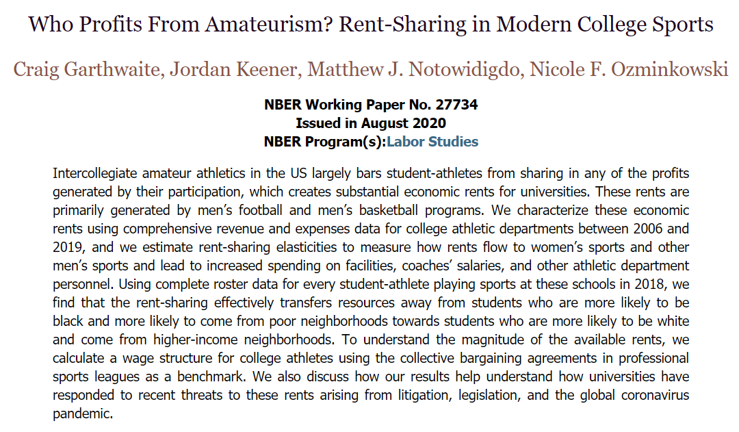 Modern college athletics rests on a set of regressive transfers. The pandemic is revealing this corrupt bargain by forcing shools to cancel money losing sports, slow new building, and reduce salaries.We demonstrate these dynamics in a new paper (1/6) https://www.nber.org/papers/w27734.pdf