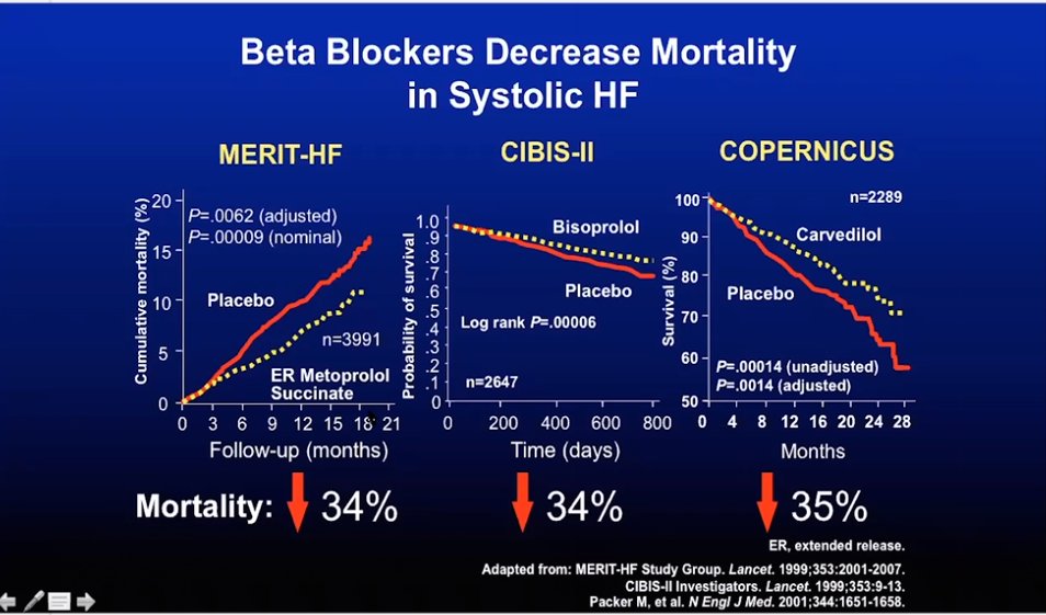 Evidence for BB in  #HF came in 1999 from CIBIS II and MERIT HF, with further evidence from COPERNICUS in 2001  https://www.thelancet.com/journals/lancet/article/PIIS0140-6736(98)11181-9/fulltext https://www.thelancet.com/journals/lancet/article/PIIS0140-6736(99)04440-2/fulltext https://www.nejm.org/doi/full/10.1056/NEJM200105313442201(Prof Pfeffers  #ESCCongress talk)5/