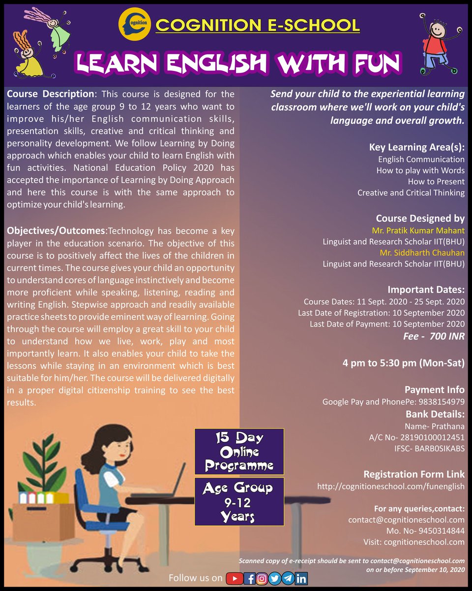CognitionSchool's tweet photo. Does your child belong to the age group of 9-12Y or 13-15Y? These age groups are the time of Cognitive &amp; Physical Growth &amp; vivid experiences of new ideas, feelings &amp; ambitions. Our current Program 'Learn English with Fun' is in its countdown.

Learn More: https://t.co/KJAGaXttmB https://t.co/XxrwRcsEa5